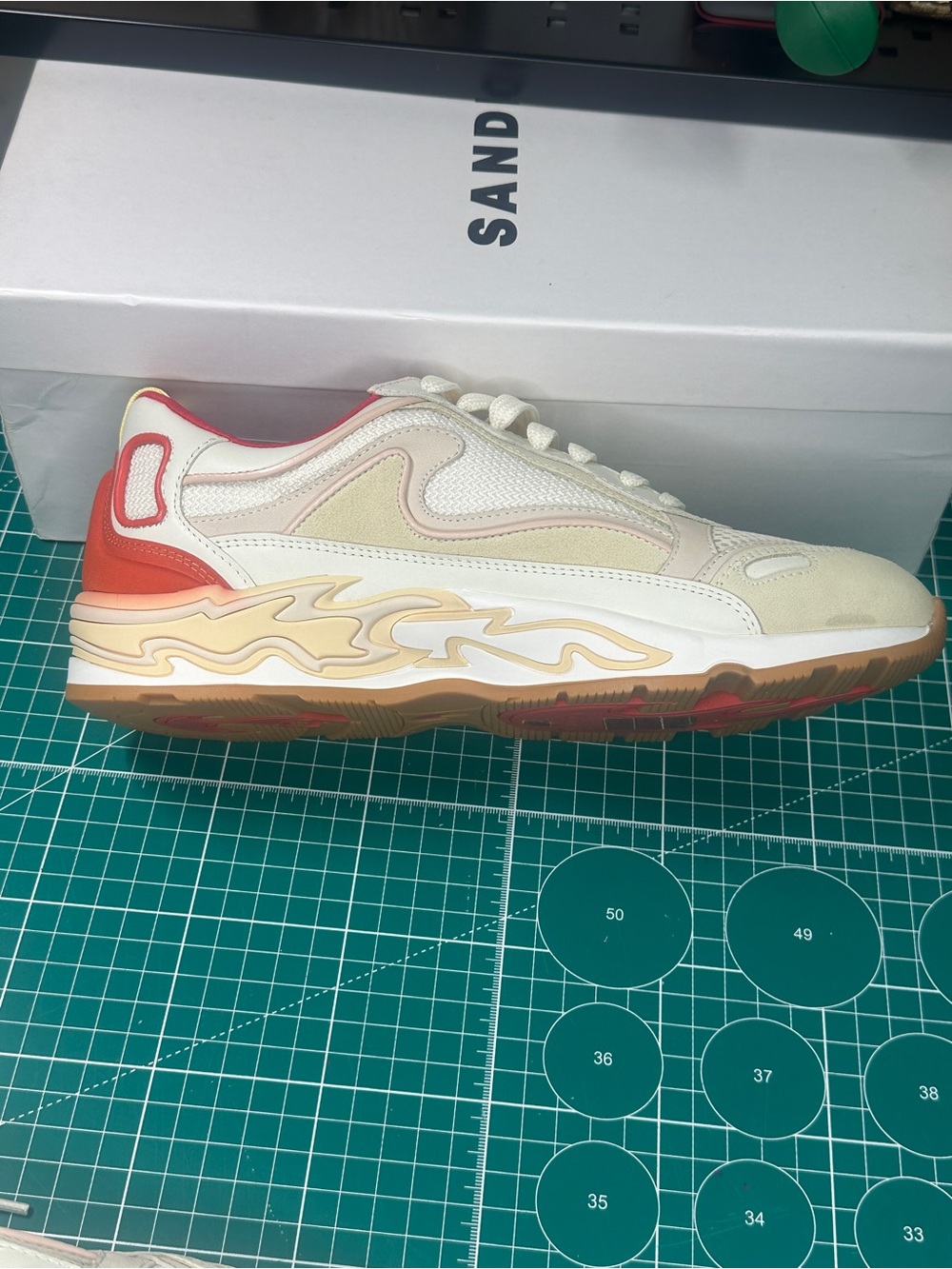 Sandro Flame White Sneakers with Red Lining and Yellow Pull Tab - Picture 6 of 15